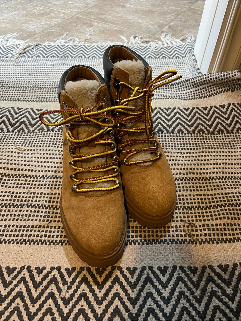 Marc Fisher Women’s Tan Suede Faux-Shearling Hiker Boots with Yellow Accent Lace